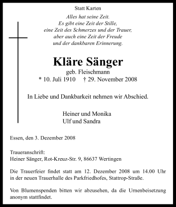 Traueranzeige von Kläre Sänger von Tageszeitung