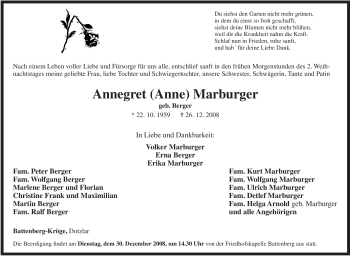 Traueranzeige von Annegret (Anne) Marburger von Tageszeitung