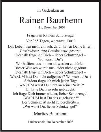 Traueranzeige von Rainer Baurhenn von Tageszeitung