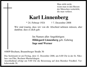 Traueranzeige von Karl Linnenberg von Tageszeitung