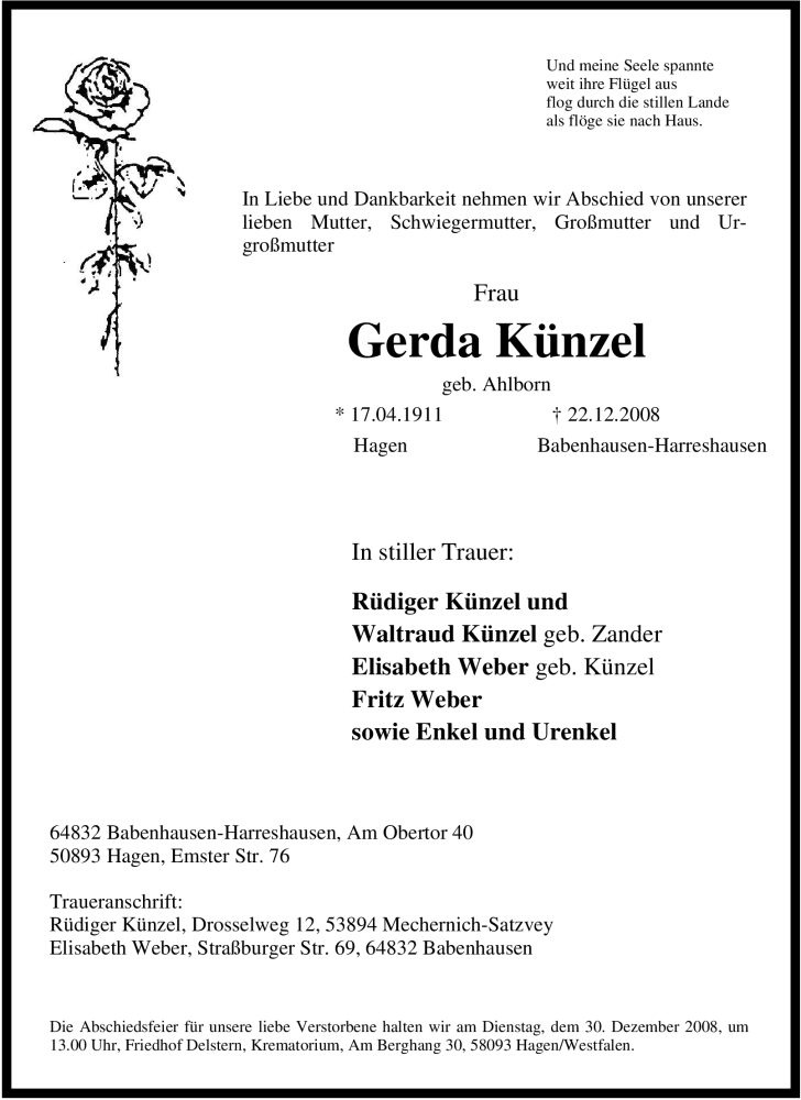  Traueranzeige für Gerda Künzel vom 27.12.2008 aus Tageszeitung