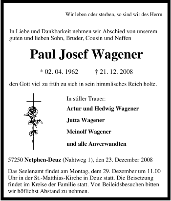 Traueranzeige von Paul Josef Wagener von Tageszeitung