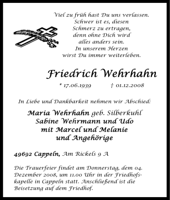 Traueranzeige von Friedrich Wehrhahn von Tageszeitung