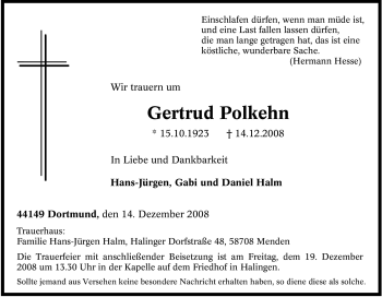 Traueranzeige von Gertrud Polkehn von Tageszeitung