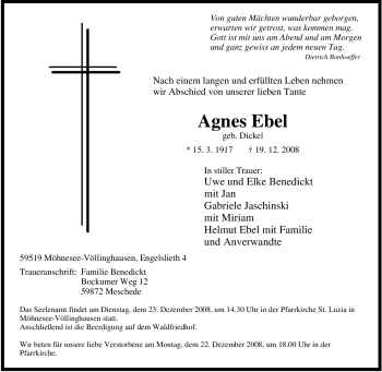 Traueranzeige von Agnes Ebel von Tageszeitung