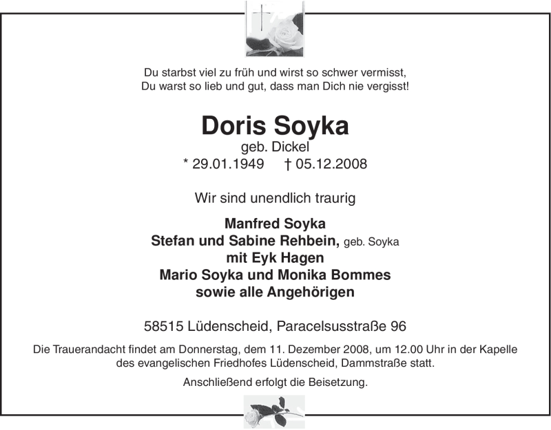  Traueranzeige für Doris Soyka vom 09.12.2008 aus Tageszeitung