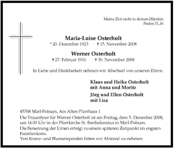 Traueranzeige von Maria-Luise Osterholt von Tageszeitung