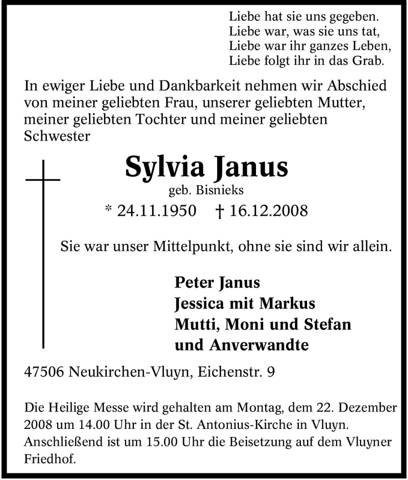  Traueranzeige für Sylvia Janus vom 18.12.2008 aus Tageszeitung