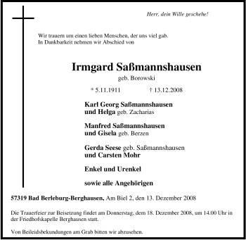Traueranzeige von Irmgard Saßmannshausen von Tageszeitung