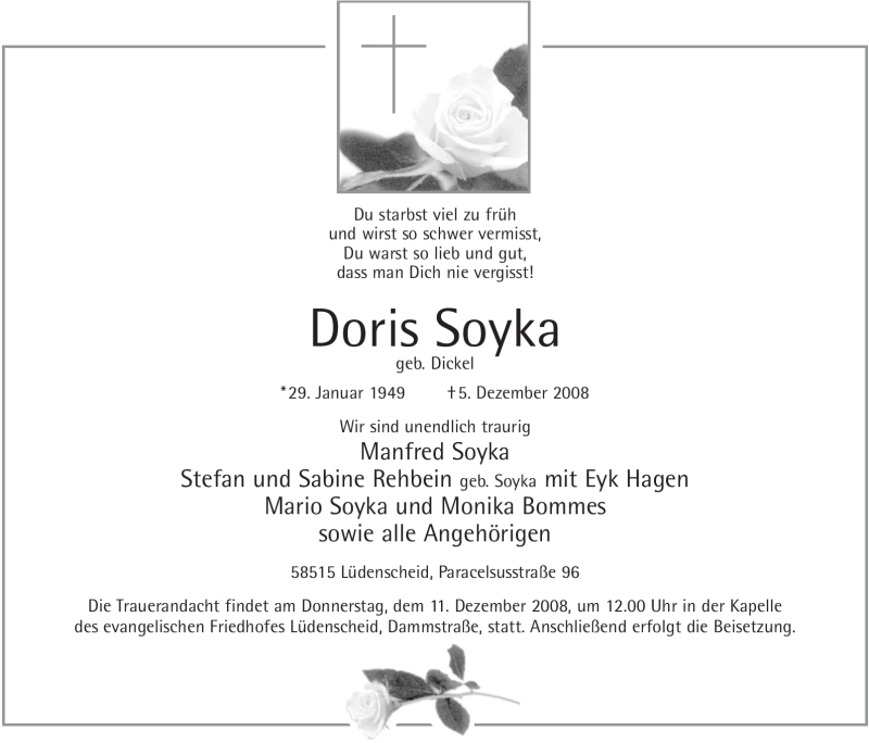  Traueranzeige für Doris Soyka vom 09.12.2008 aus Tageszeitung