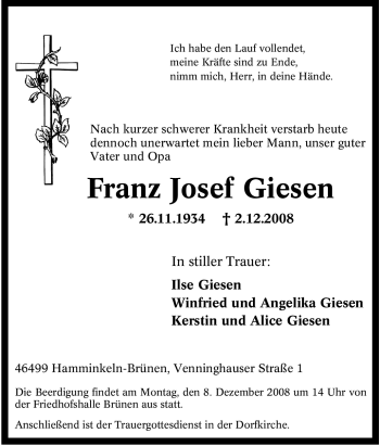 Traueranzeige von Franz Josef Giesen von Tageszeitung