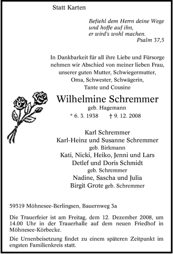 Traueranzeige von Wilhelmine Schremmer von Tageszeitung