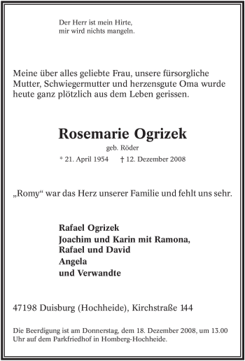Traueranzeige von Rosemarie Ogrizek von Tageszeitung