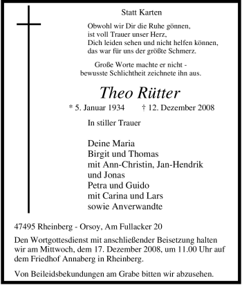 Traueranzeige von Theo Rütter von Tageszeitung