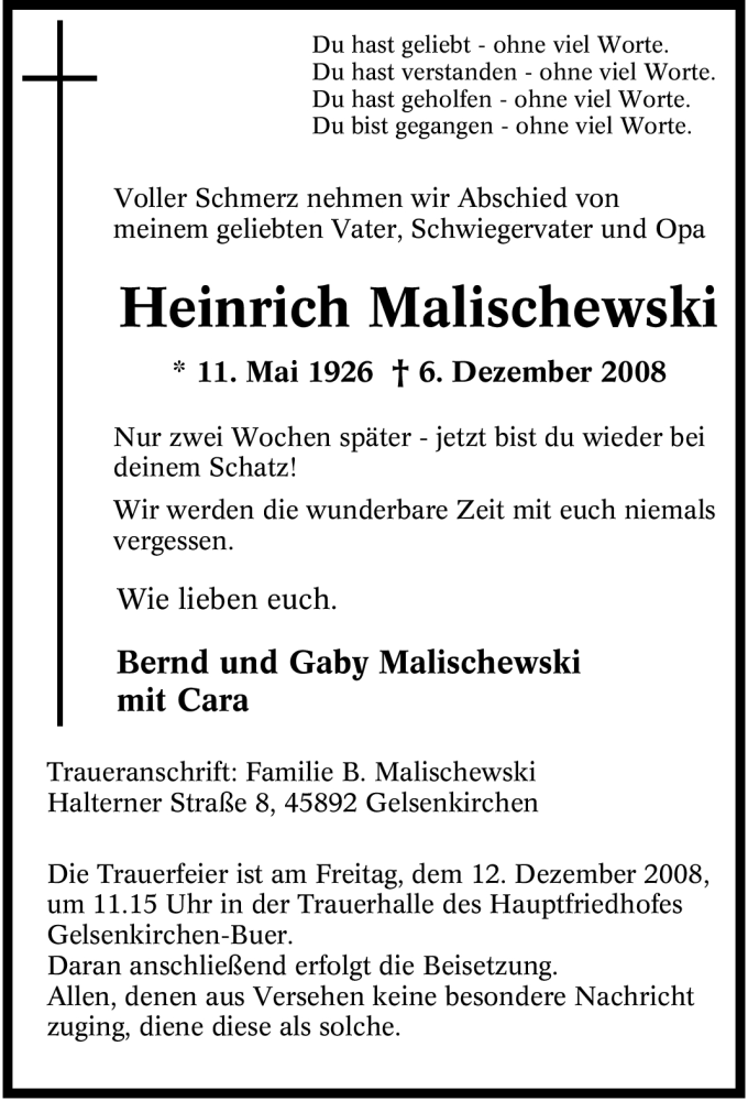  Traueranzeige für Heinrich Malischewski vom 10.12.2008 aus Tageszeitung