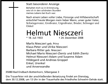 Traueranzeige von Helmut Niesczeri von Tageszeitung