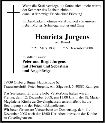 Traueranzeige von Henrieta Jurgens von Tageszeitung