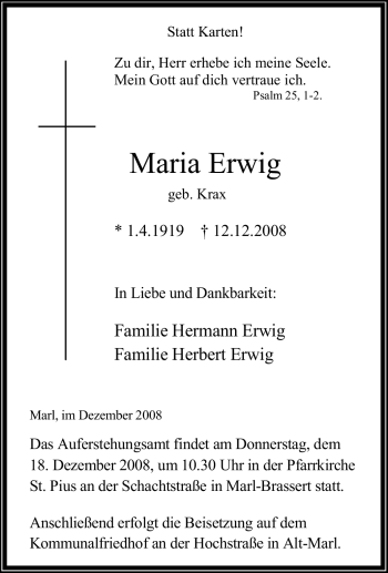 Traueranzeige von Maria Erwig von Tageszeitung