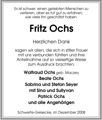 Traueranzeige von Fritz Ochs von Tageszeitung