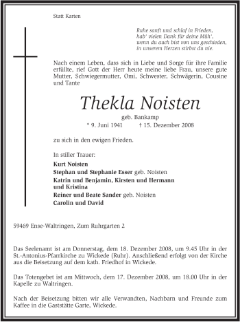 Traueranzeige von Thekla Noisten von Tageszeitung