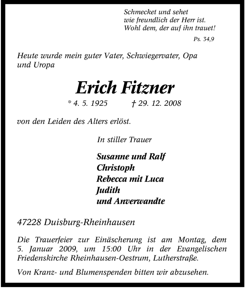 Traueranzeigen von Erich Fitzner TrauerinNRW.de