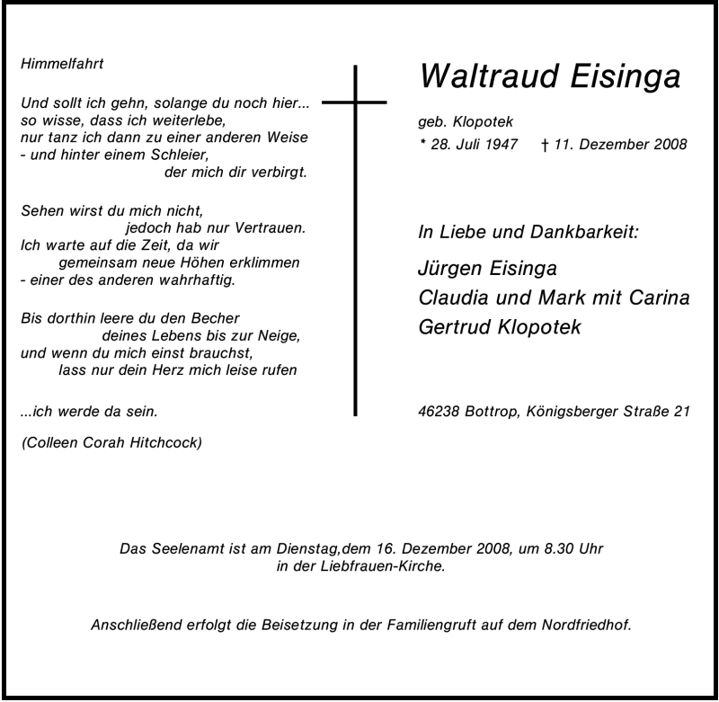  Traueranzeige für Waltraud Eisinga vom 13.12.2008 aus Tageszeitung