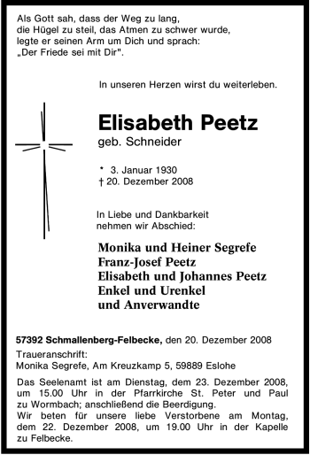 Traueranzeige von Elisabeth Peetz von Tageszeitung