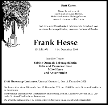 Traueranzeige von Frank Hesse von Tageszeitung