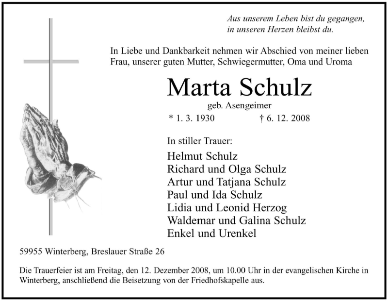  Traueranzeige für Martha Schulz vom 08.12.2008 aus Tageszeitung