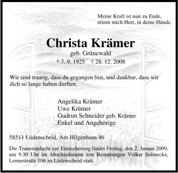 Traueranzeige von Christa Krämer von Tageszeitung
