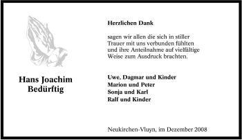 Traueranzeige von Hans Joachim Bedürftig von Tageszeitung