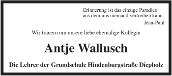 Traueranzeige von Antje Wallusch von Tageszeitung