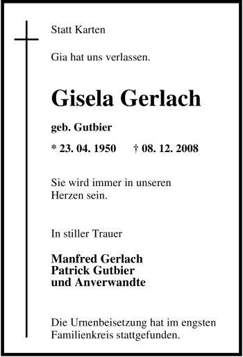 Traueranzeige von Gisela Gerlach von Tageszeitung