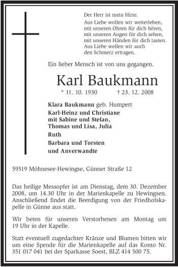 Traueranzeige von Karl Baukmann von Tageszeitung