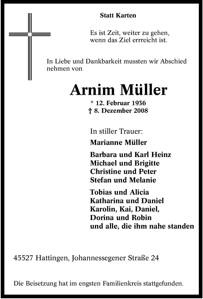 Traueranzeige für Arnim Müller vom 17.12.2008 aus Tageszeitung