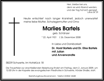 Traueranzeige von Marlies Bartels von Tageszeitung