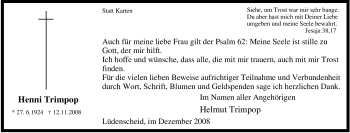 Traueranzeige von Henni Trimpop von Tageszeitung