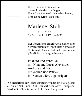 Traueranzeige von Marlene Stöhr von Tageszeitung