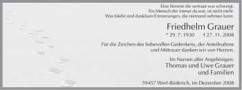 Traueranzeige von Friedhelm Grauer von Tageszeitung