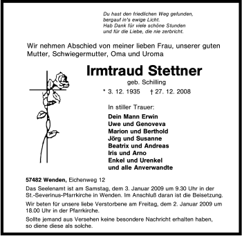 Traueranzeige von Irmtraud Stettner von Tageszeitung