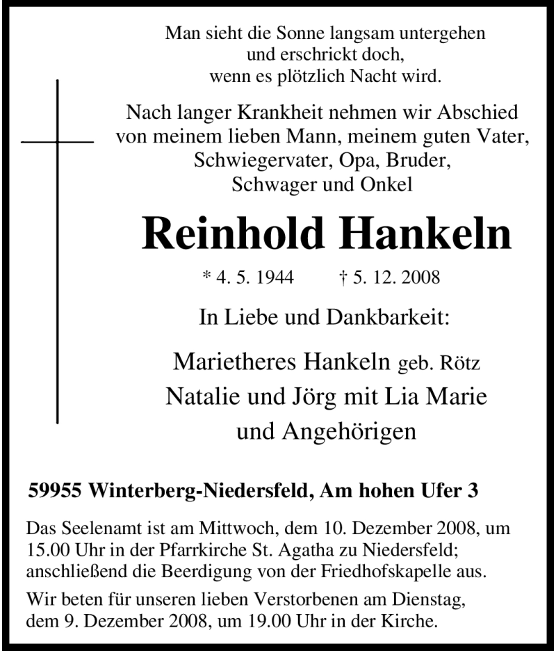  Traueranzeige für Reinhold Hankeln vom 06.12.2008 aus Tageszeitung