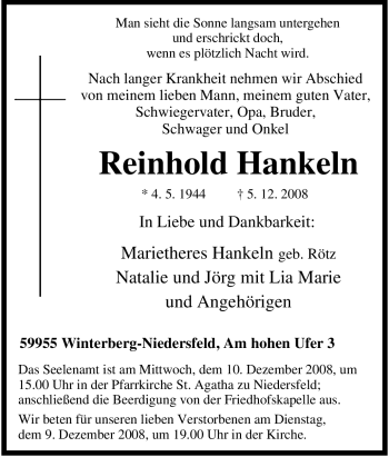 Traueranzeige von Reinhold Hankeln von Tageszeitung