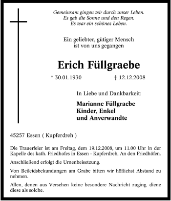 Traueranzeige von Erich Füllgraebe von Tageszeitung