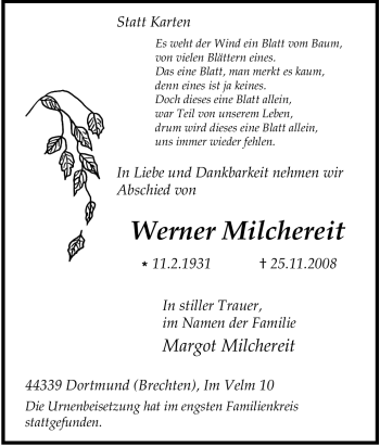 Traueranzeige von Werner Milchereit von Tageszeitung