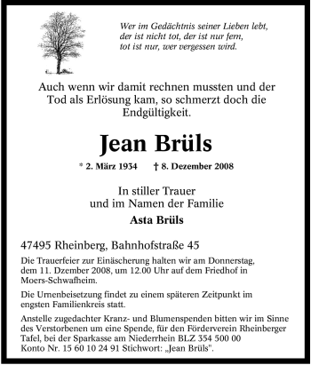 Traueranzeige von Jean Brüls von Tageszeitung