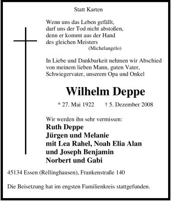 Traueranzeige von Wilhelm Deppe von Tageszeitung