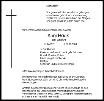 Traueranzeige von Anni Haak von Tageszeitung