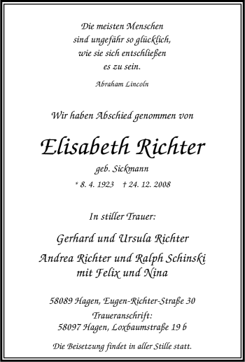 Traueranzeige von Elisabeth Richter von Tageszeitung