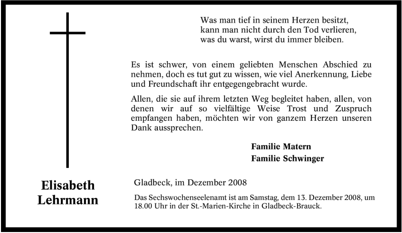  Traueranzeige für Elisabeth Lehrmann vom 06.12.2008 aus Tageszeitung