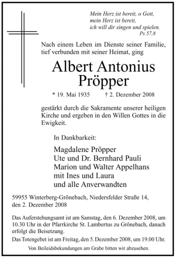 Traueranzeige von Albert Antonius Pröpper von Tageszeitung